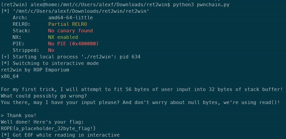 Terminal showing checksec output, the prompt, and the ROPE{...} flag